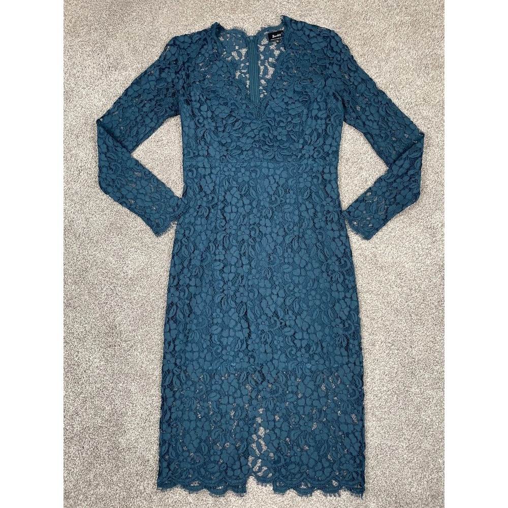 Bardot Dress Womens‎ 8 Medium Blue Teal Lace Floral Overlay Feminine Event Party